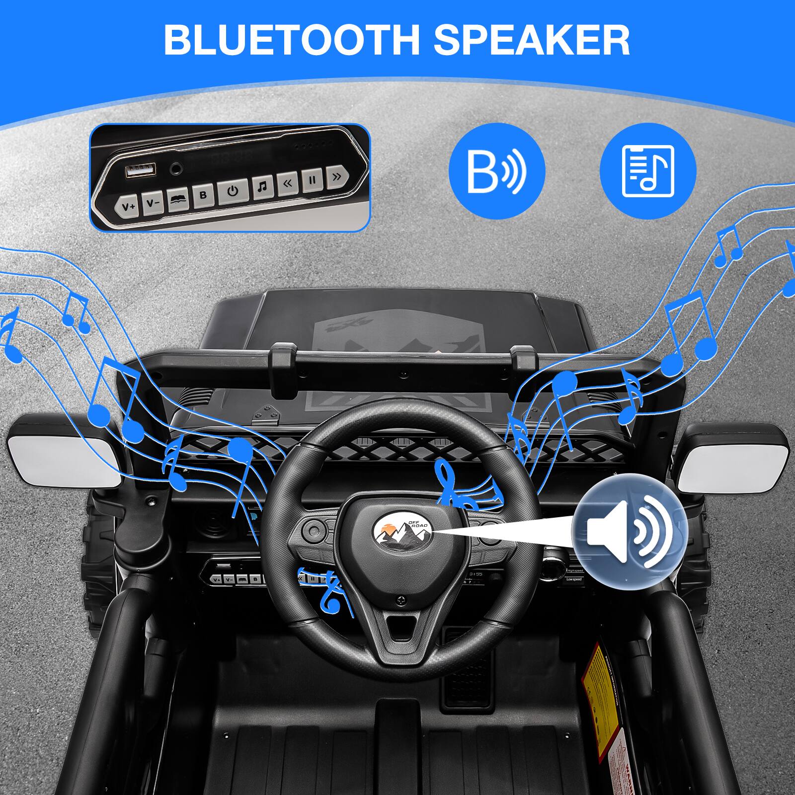BLUETOOTH SPEAKER

V+ V- B

Bluetooth symbol

Music note symbol

Speaker icon