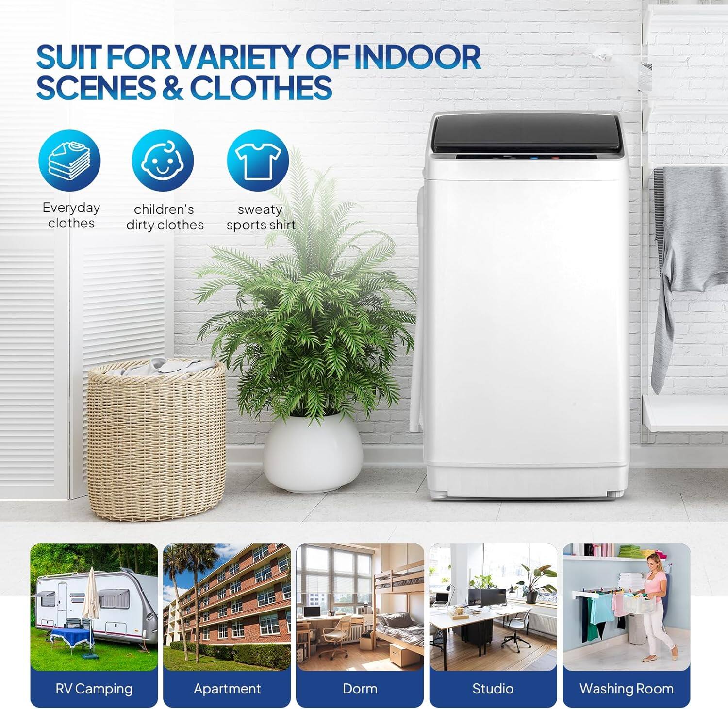 SUIT FOR VARIETY OF INDOOR SCENES & CLOTHES

- Everyday clothes
- children's dirty clothes
- sweaty sports shirt

RV Camping
Apartment
Dorm
Studio
Washing Room