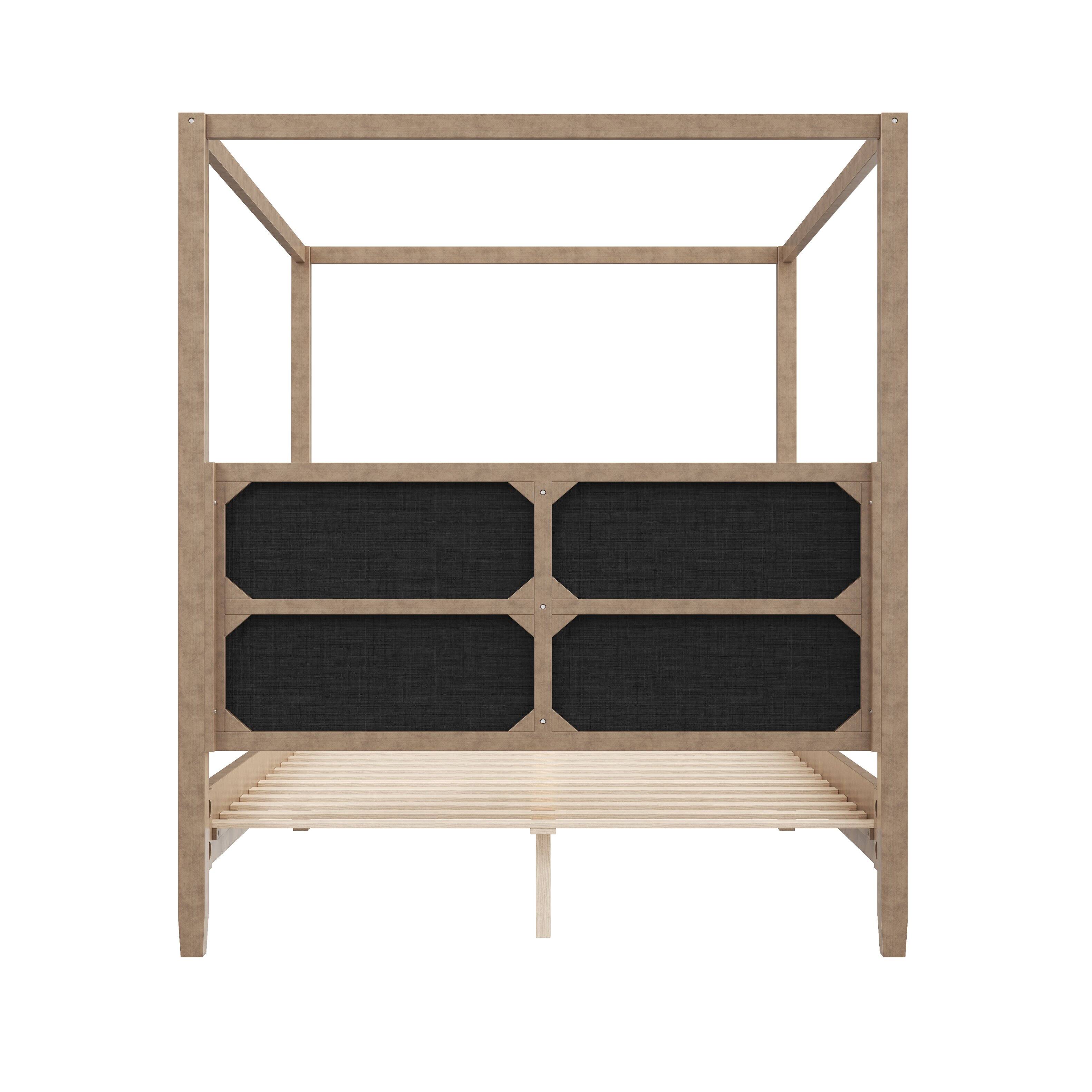 Alt View 1. Whisen - Queen size Wooden Canopy Platform bed with Upholstery Headboard for Bedroom, No Box Spring Needed - Natural Walnut.