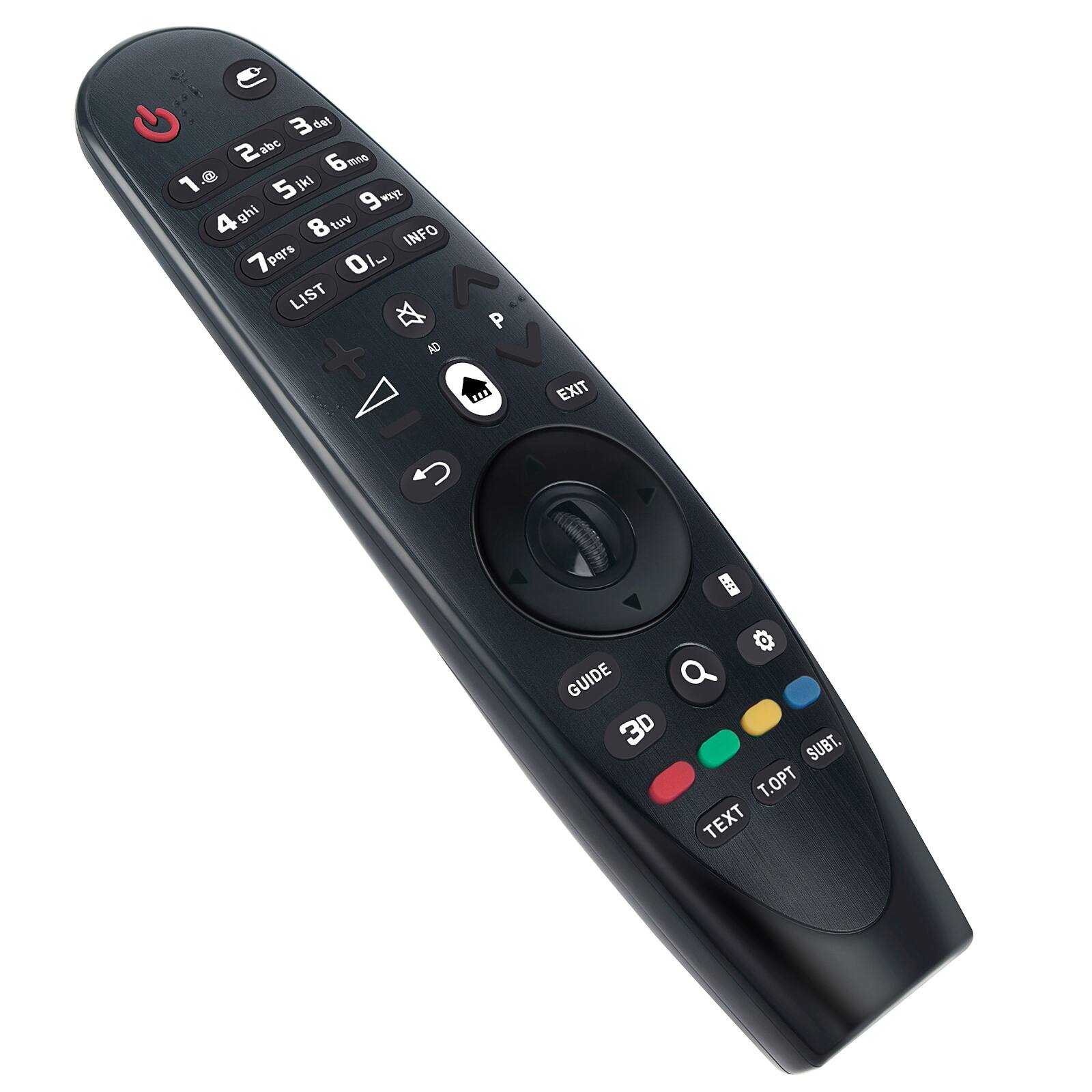 Sure, here is the corrected and grouped text from the image:

**Top Row:**
- 1 @
- 2 abc
- 3 def
- 4 ghi
- 5 jkl
- 6 mno
- 7 pqrs
- 8 tuv
- 9 wxyz
- 0

**Middle Row:**
- LIST
- INFO
- EXIT
- P

**Bottom Row:**
- GUIDE
- 3D
- TEXT
- T.OPT
- SUBT.

**Additional Buttons:**
- AD
- HOME
- MENU
- SEARCH
- SUBT.