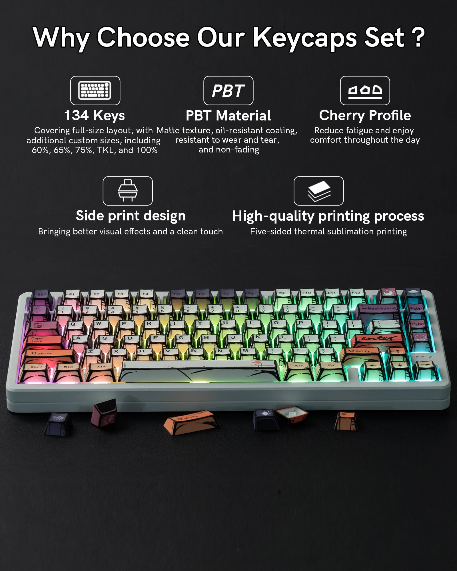 Why Choose Our Keycaps Set?

- **134 Keys**
  - Covering full-size layout, with Matte texture, oil-resistant coating, additional custom sizes, including 60%, 65%, 75%, TKL, and 100%

- **PBT Material**
  - Resistant to wear and tear, non-fading

- **Cherry Profile**
  - Reduce fatigue and enjoy comfort throughout the day

- **Side print design**
  - Bringing better visual effects and a clean touch

- **High-quality printing process**
  - Five-sided thermal sublimation printing