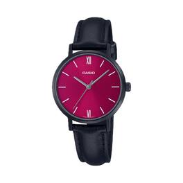 Casio - Women’s Red Dial Leather Strap Watch - LTP-VT02BL-4AUDF - Black