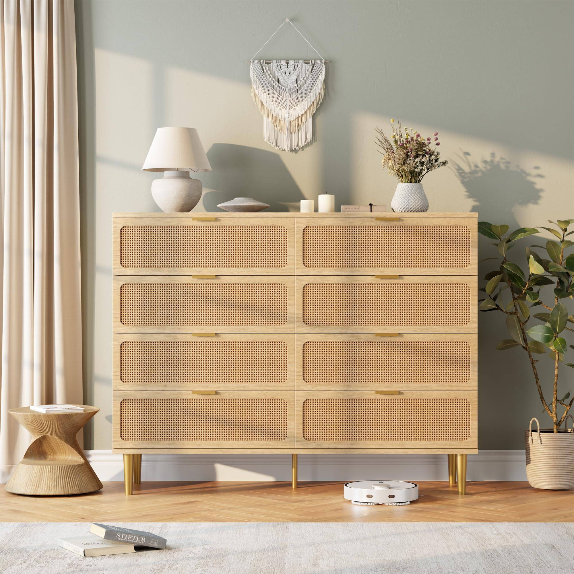 Front. Homhougo - Natural Rattan 8-Drawer Dresser, Tall Wood Chest with Wide Top, Large Storage Cabinet for Bedroom, Living Room, Hallway - Natural.