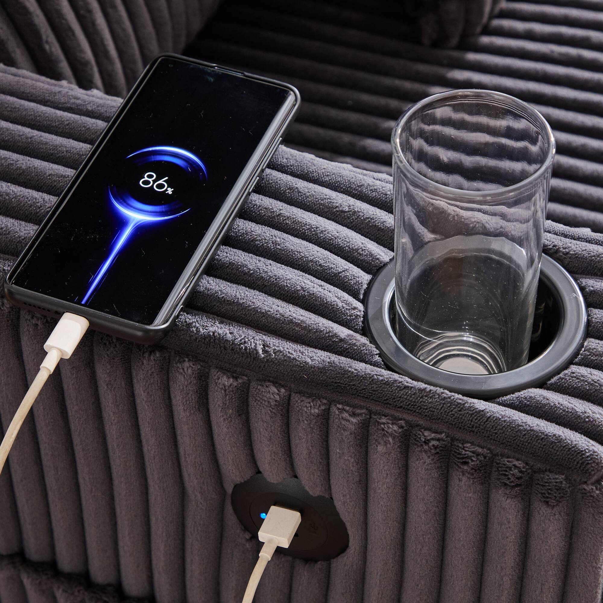 Alt View 1. Trinkets Crazed - Modern Corduroy Oversized Recliner Sofa with Deep Seat, USB Charging,RGB LED Light Strip - Dark Gray.