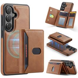 Dteck - Shockproof Leather Phone Case for Samsung Galaxy S26 with RFID Wallet, Magnetic Detachable Card Holder Stand Cover - Brown