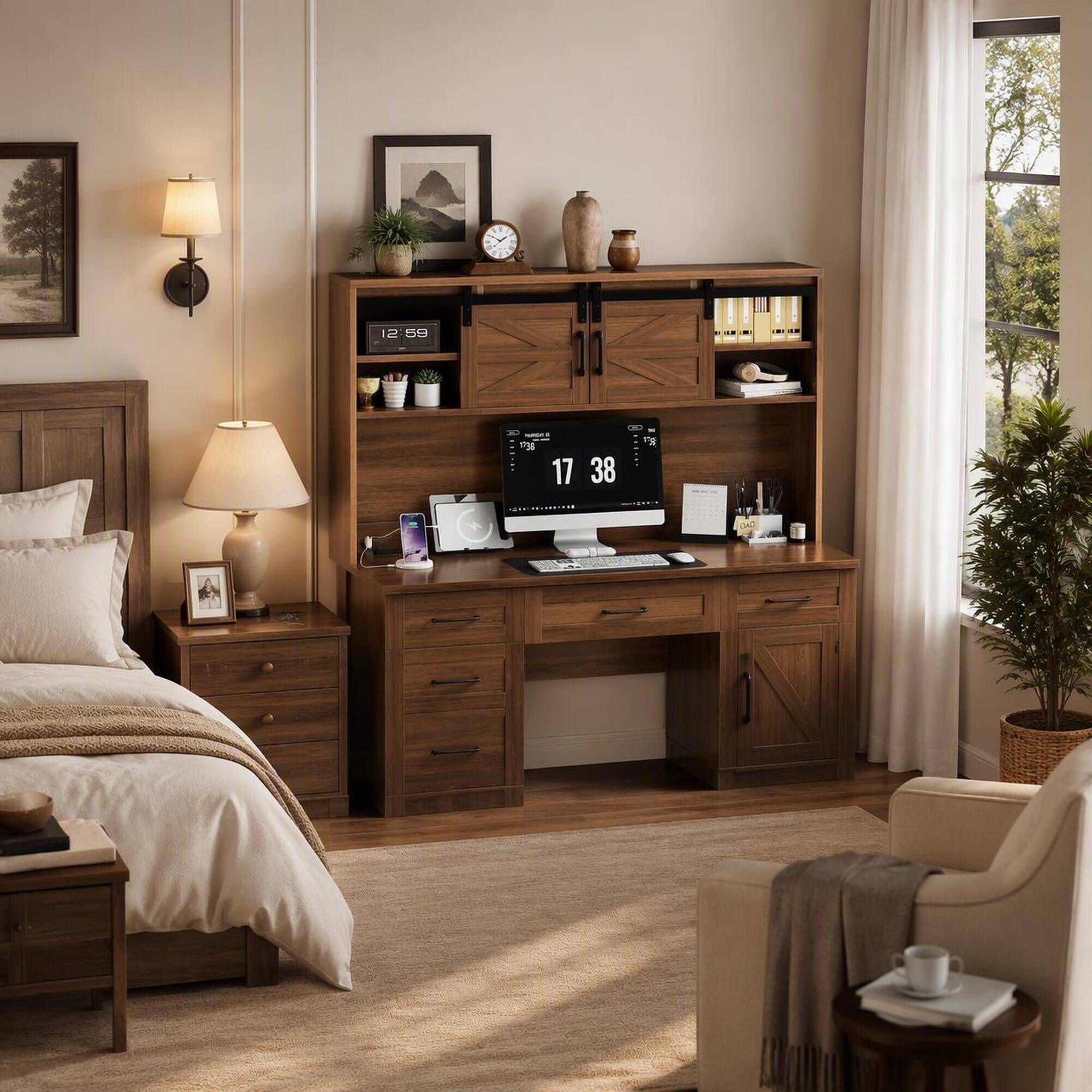 RYHNUYNE Farmhouse Executive Desk with Charging Station, 61 inch ...