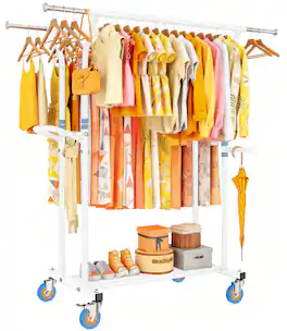 Hirose Alice - Heavy Duty Clothes Rack: Rolling Clothing Rack for Hanging Coat Double Rods Wardrobe Garment Racks with - White