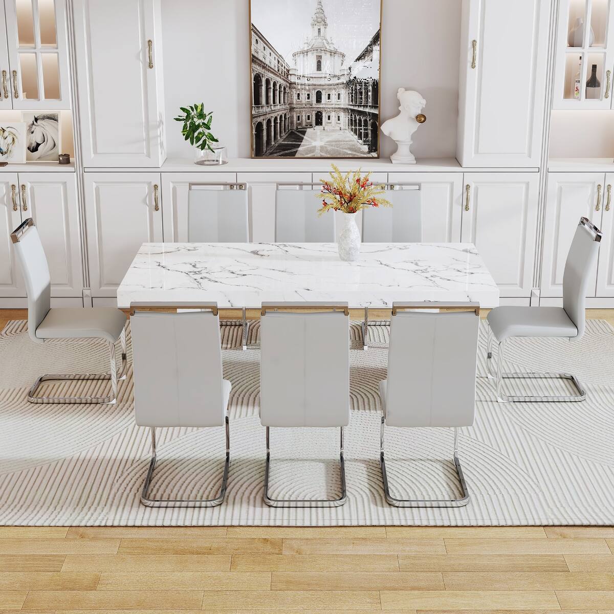Alt View 7. Loheer - Loheer White Marble Pattern MDF Dining Table for 8 to 10 People - White.