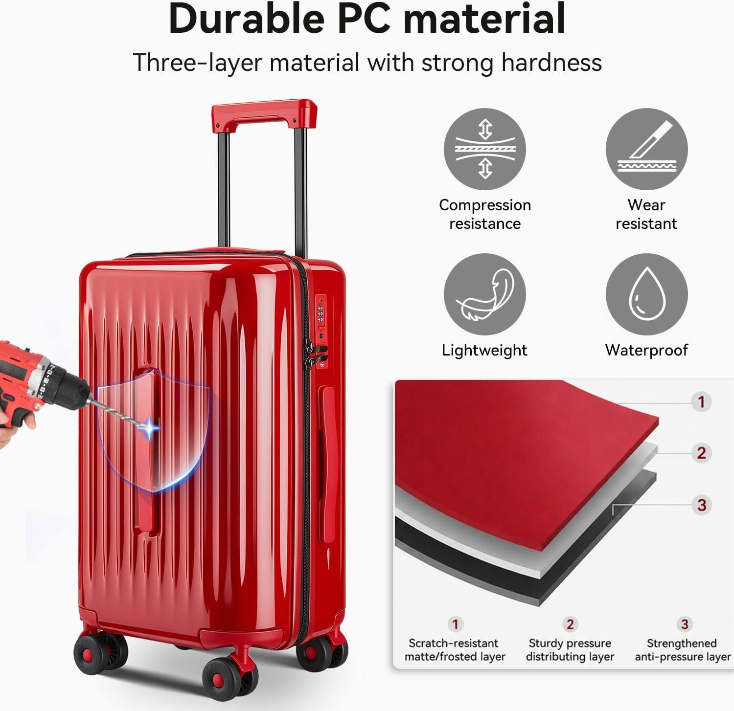 Durable PC material  
Three-layer material with strong hardness  
Compression resistance  
Wear resistant  
Lightweight  
Waterproof  
Scratch-resistant  
Sturdy pressure  
Strengthened matte/frosted layer  
Distributing layer  
Anti-pressure layer