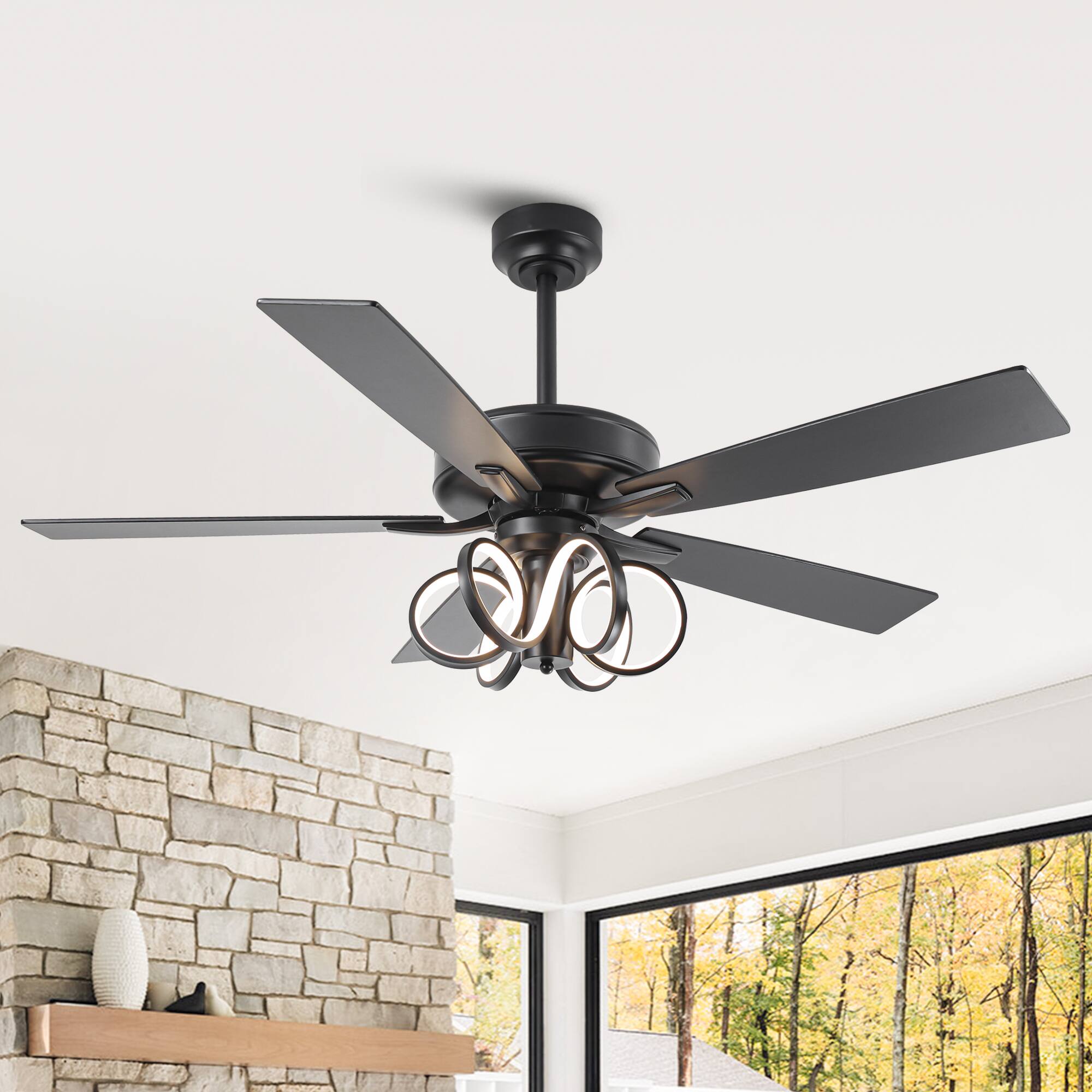 Back. Parrot Uncle - 52-inch Modern Black Indoor LED Ceiling Fan with Remote Control - Black.