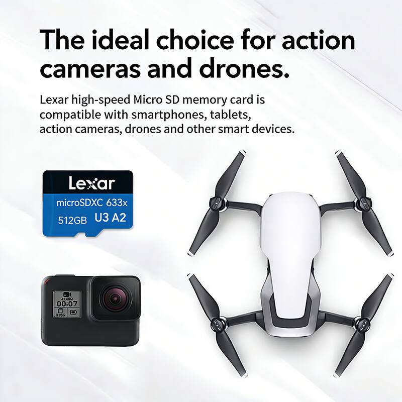 The ideal choice for action cameras and drones.

Lexar high-speed Micro SD memory card is compatible with smartphones, tablets, action cameras, drones and other smart devices.

Lexar microSDXC 633x 512GB U3 A2