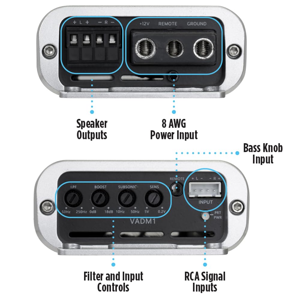 - R 12V REMOTE GROUND Speaker Outputs 8 AWG Power Input Bass Knob Input REMOTE L R LPF BOOST SUBSONIC SENS INPUT SOHI 250Hz odB 18dB 10Hz SOHz SV 0.2V VADM1 PRT PWR Filter and Input Controls RCA Signal Inputs