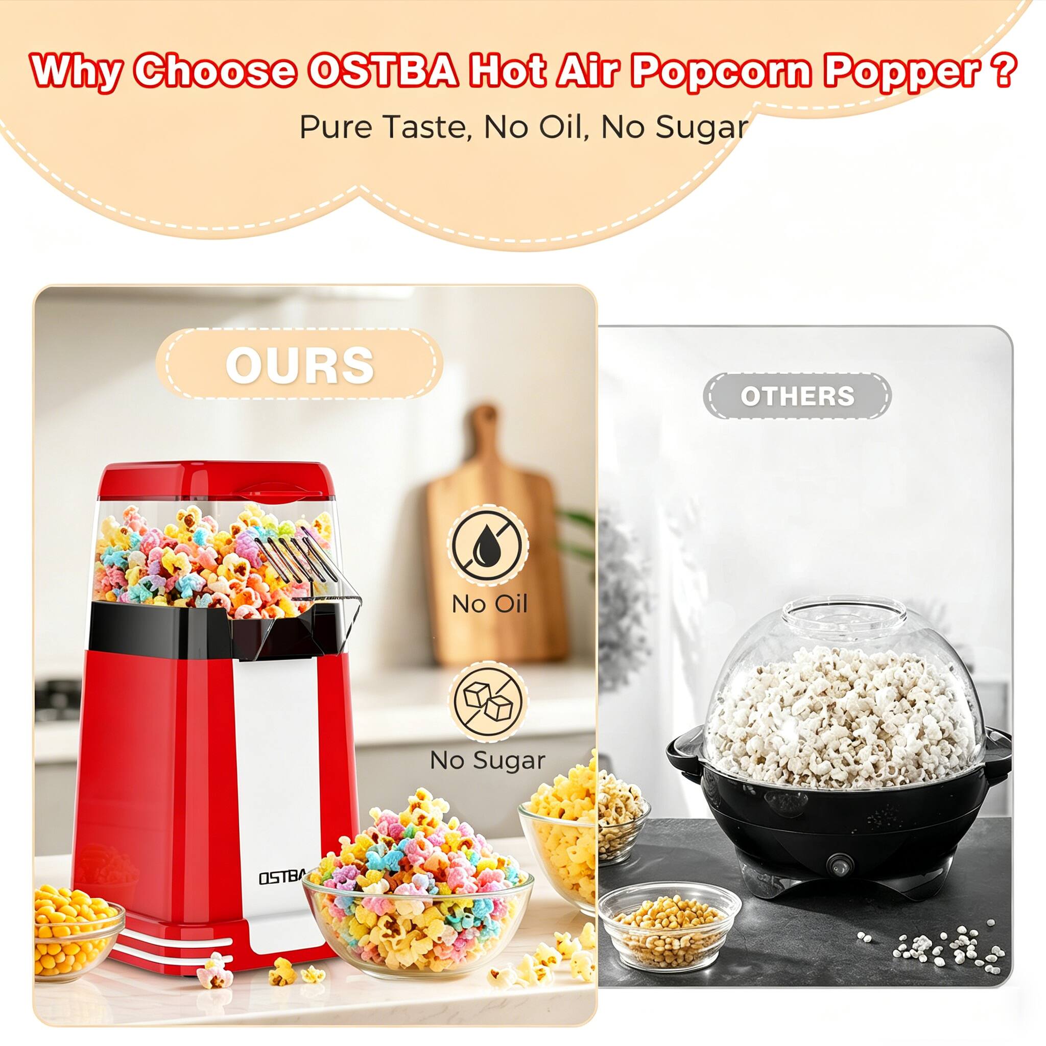 Why Choose OSTBA Hot Air Popcorn Popper?  
Pure Taste, No Oil, No Sugar  

OURS  
No Oil  
No Sugar  

OTHERS  
No Oil  
No Sugar