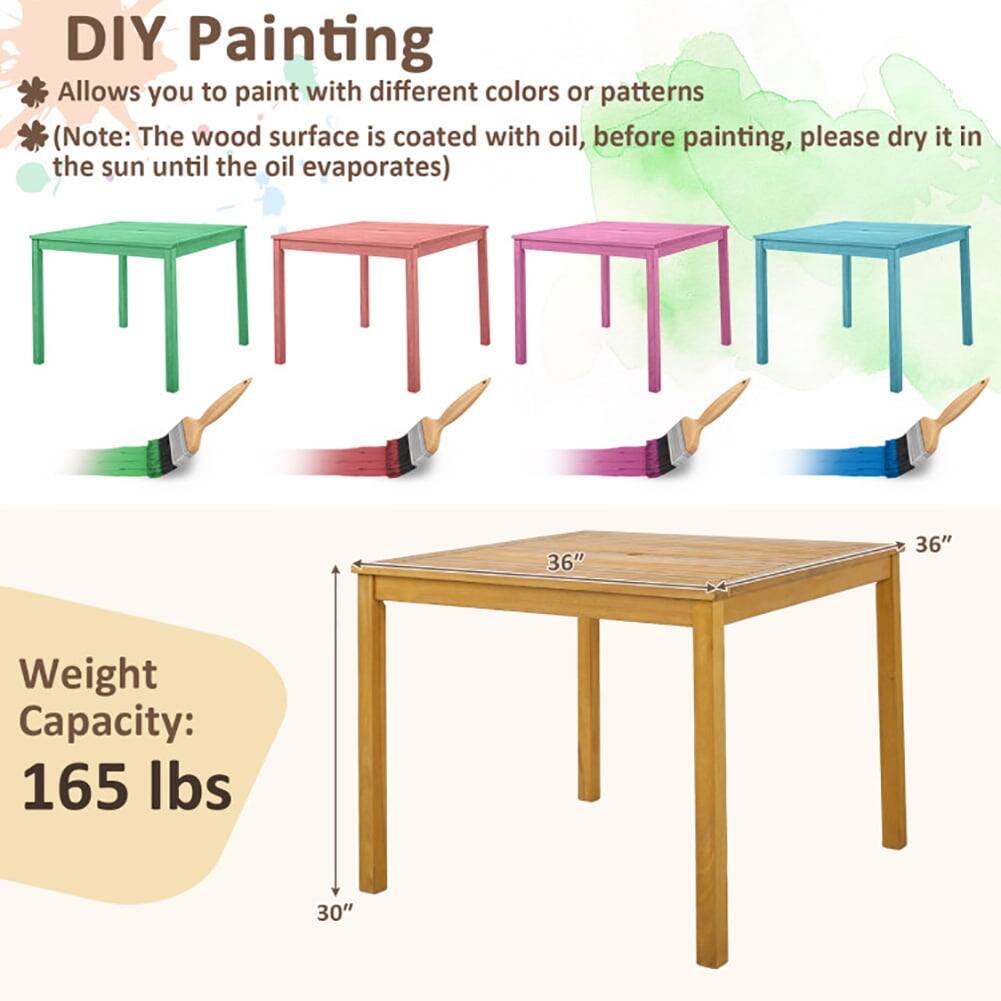 DIY Painting

- Allows you to paint with different colors or patterns
- (Note: The wood surface is coated with oil, before painting, please dry it in the sun until the oil evaporates)

Weight Capacity: 165 lbs

Dimensions:
- 36" x 36" x 30"