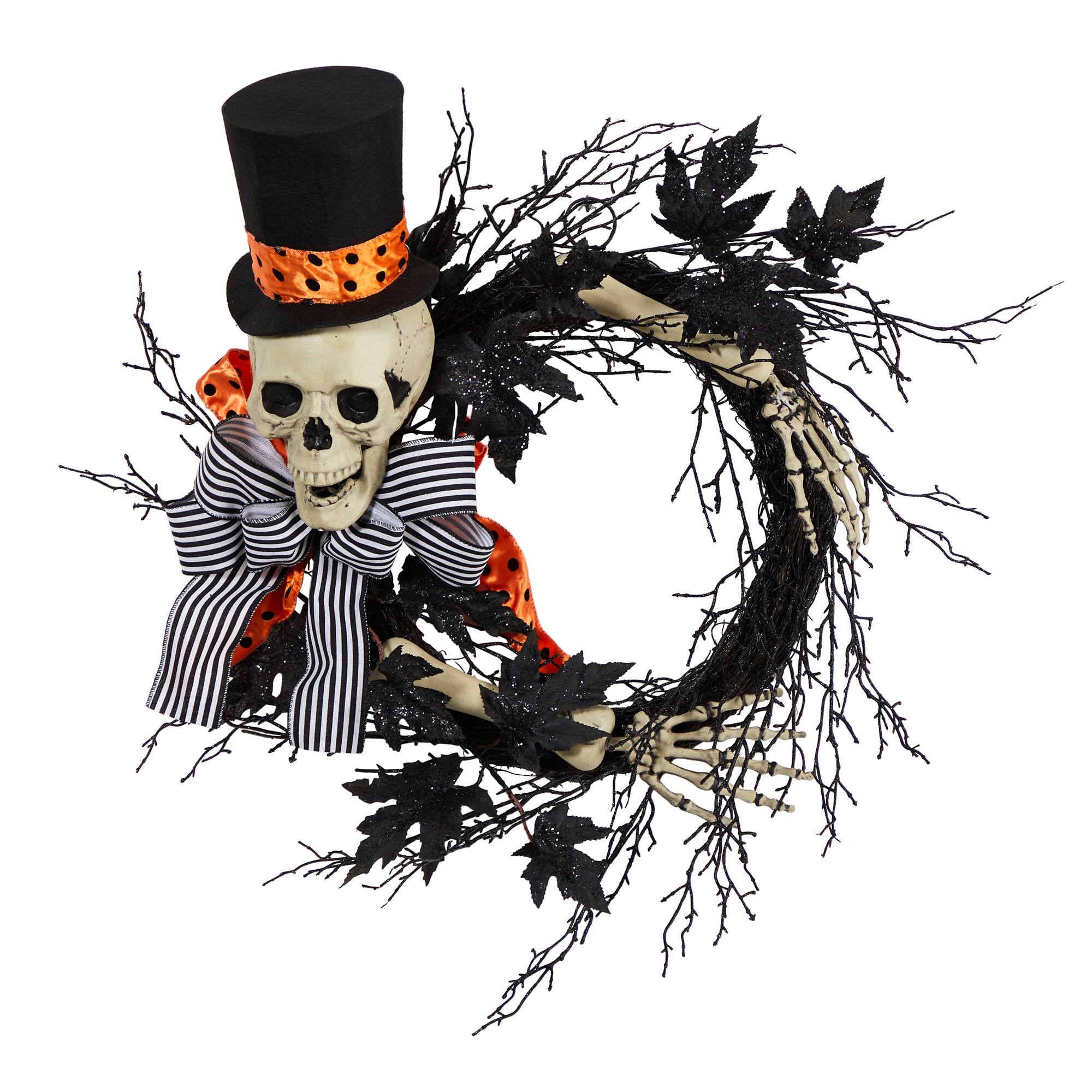 Front. BreeBe - 26" Halloween Dapper Skeleton Wreath - Multi.