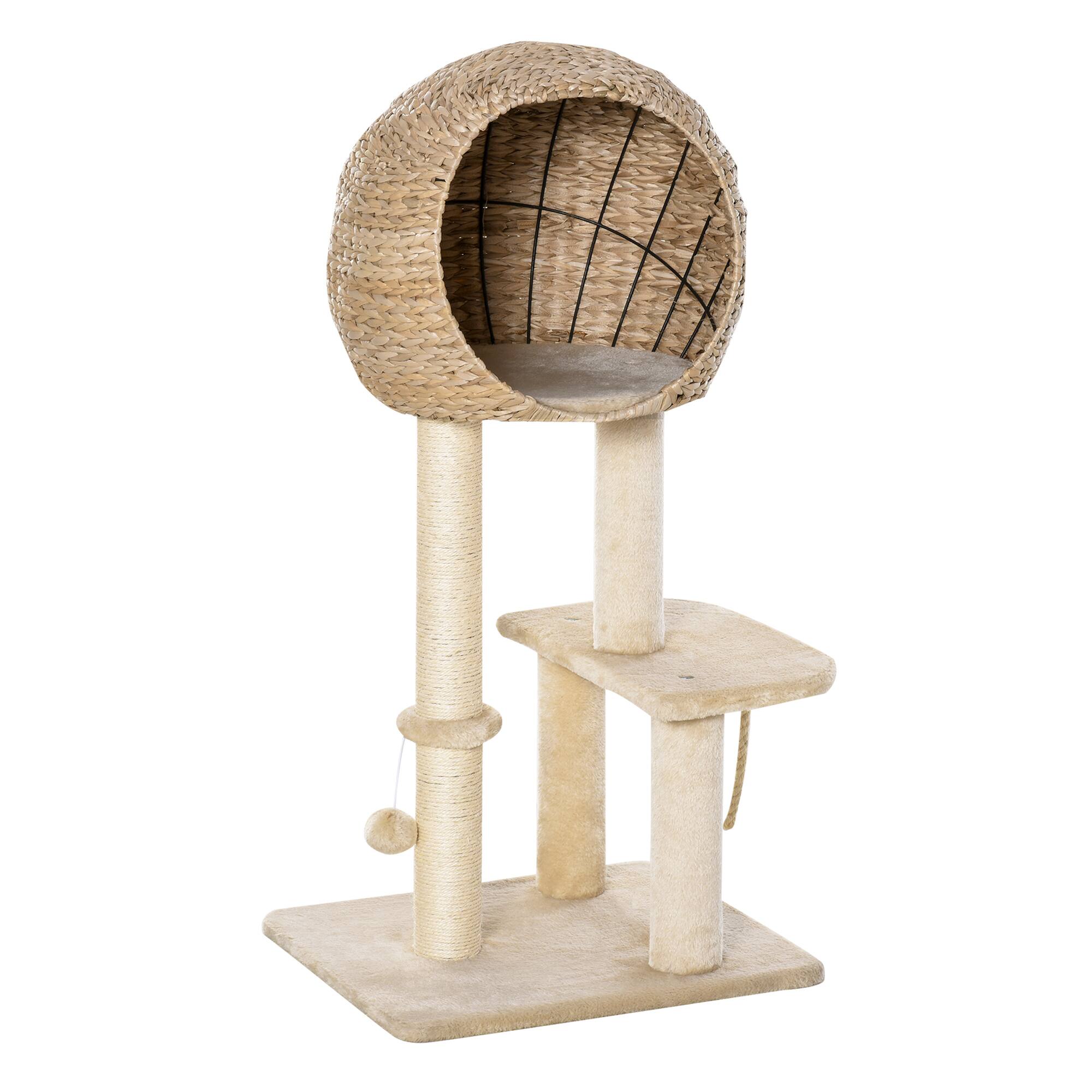 Front. Pawhut - PawHut Cat Tree with Sisal Scratching Post Condo and Hanging Rope 39" H, Beige - Beige.