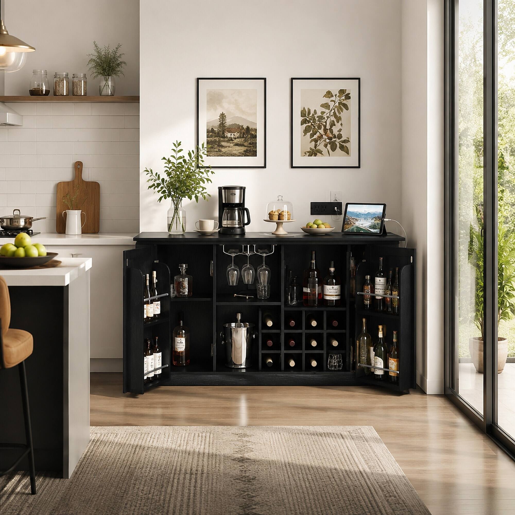 Angle. RYHNUYNE - Freestanding 47.2 Inch Counter Height Table with Power Outlet, Foldable Top and Wine Rack, Sideboard Cabinet - Black.
