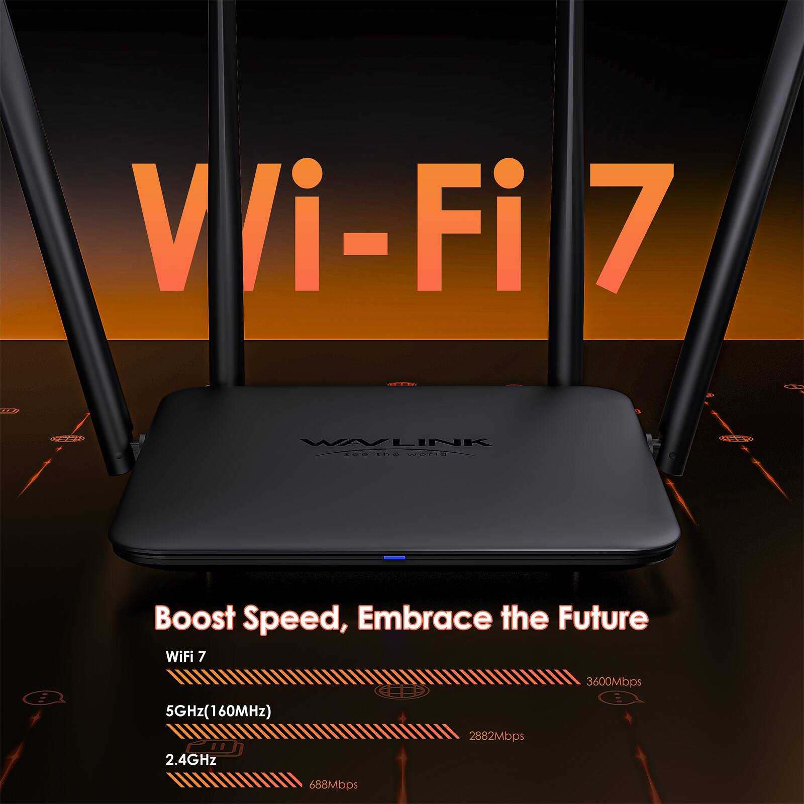 Wi-Fi 7

WAVLINK DOS the world

Boost Speed, Embrace the Future WiFi 7

5GHz(160MHz) 2.4GHz

2882Mbps 3600Mbps 688Mbps