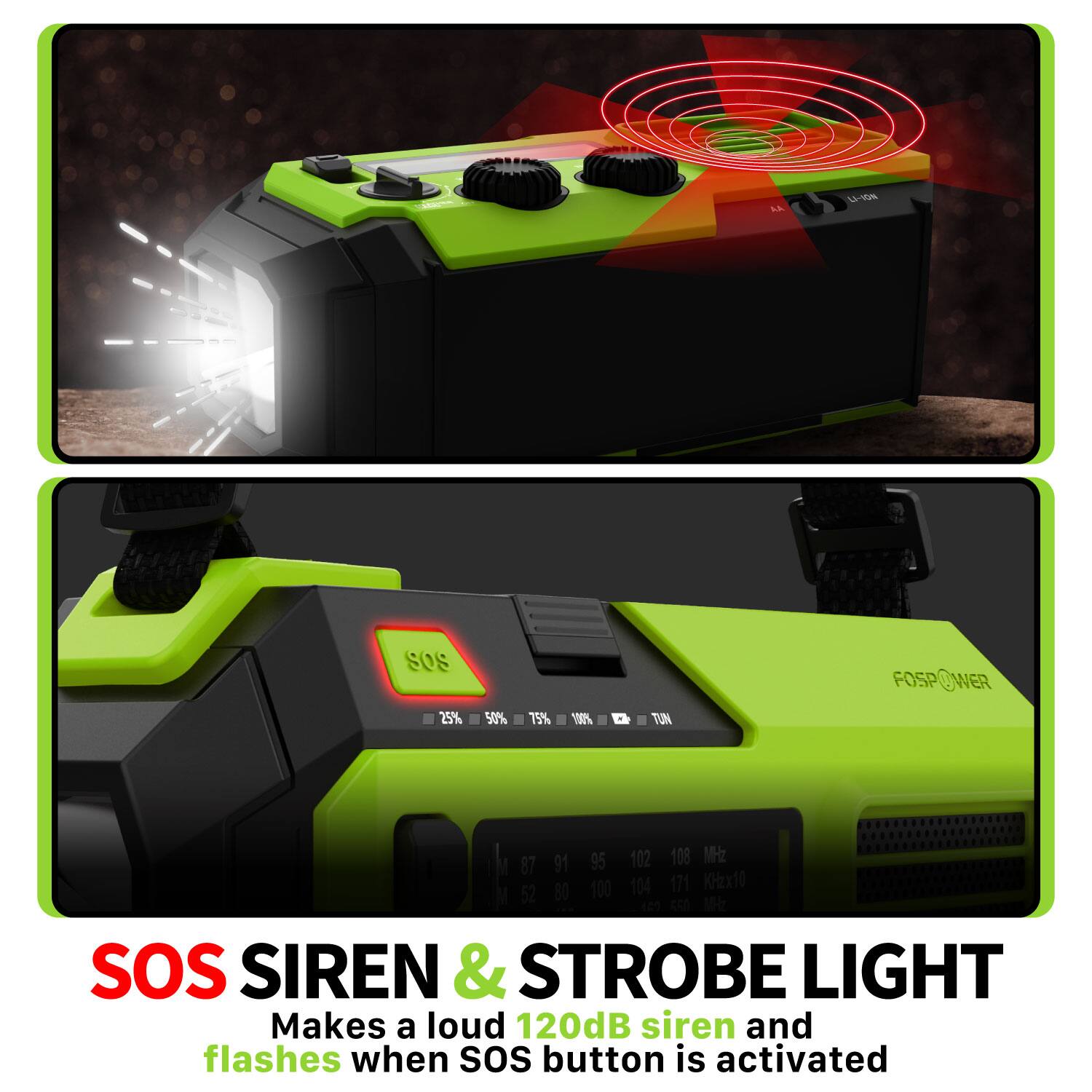 MA U SoS FOSPOWER 25% 50% 75% 100% TUN 91 95 102 108 Mz I 87 100 I04 171 KHz 10 I 52 80 4c se U SOS SIREN & STROBE LIGHT Makes a loud 120dB siren and flashes when sos button is activated