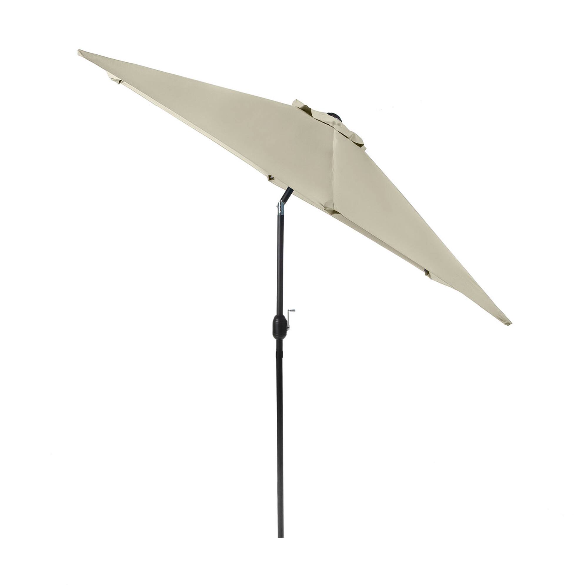 Left. Vaczon - 9' Outdoor Patio Umbrella with Crank Lift and 30° Tilt, UV50+ Market Umbrella with Steel Frame and Polyester - Beige.