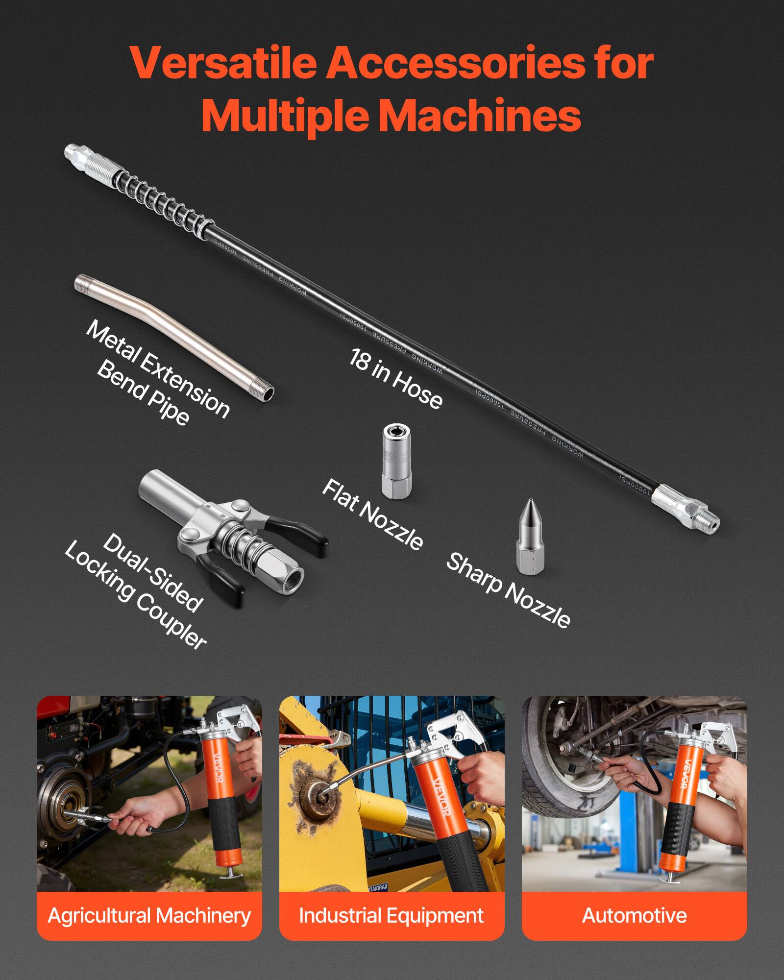 Versatile Accessories for Multiple Machines

- Metal Extension Bend Pipe
- 18 in Hose
- Flat Nozzle
- Sharp Nozzle
- Dual-Sided Locking Coupler

Agricultural Machinery  
Industrial Equipment  
Automotive