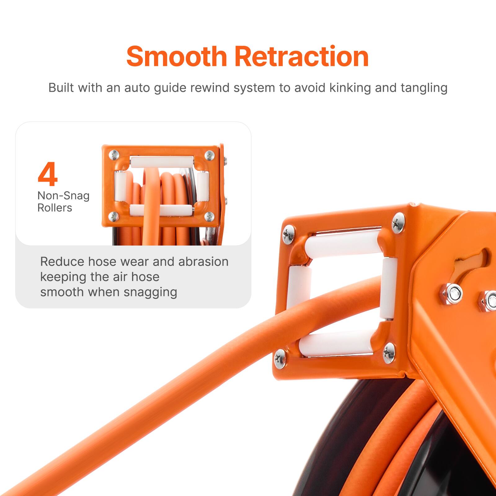 Smooth Retraction  
Built with an auto guide rewind system to avoid kinking and tangling  

4 Non-Snag Rollers  
Reduce hose wear and abrasion, keeping the air hose smooth when snagging