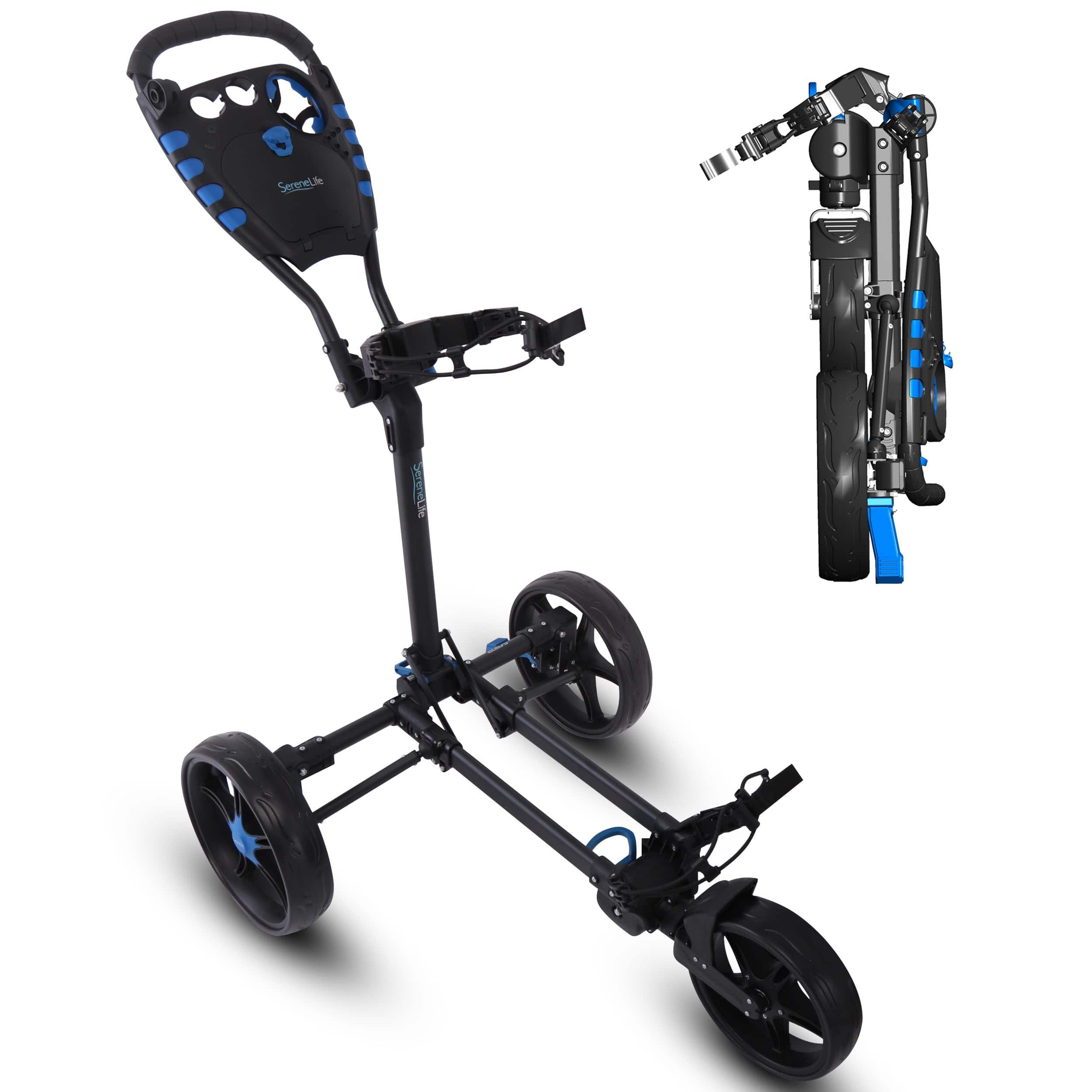 SereneLife - SLGCFLW 3-Wheel Collapsible Golf Push Cart, Adjustable Handle, Quick Brake, Compact Storage - Blue