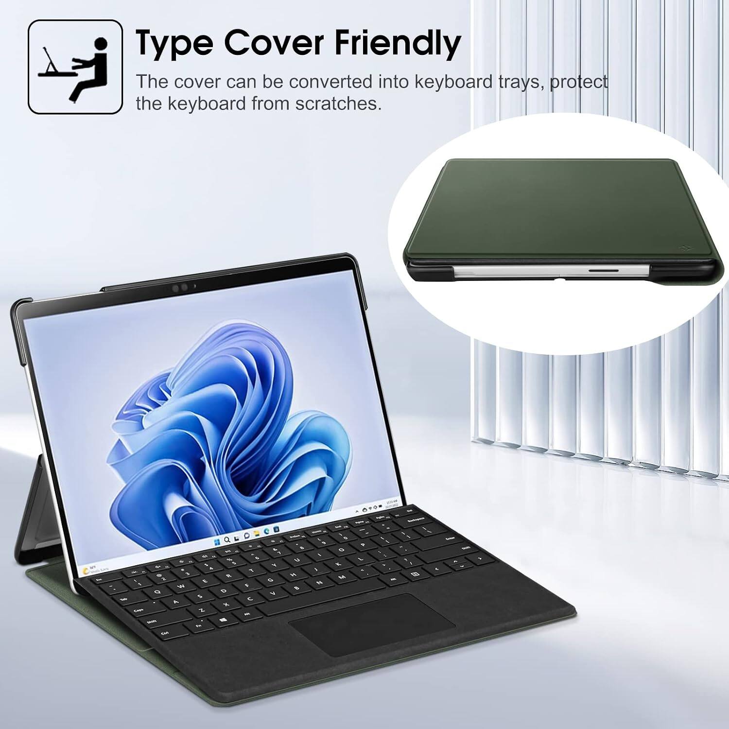 Type Cover Friendly  
The cover can be converted into keyboard trays, protect the keyboard from scratches.