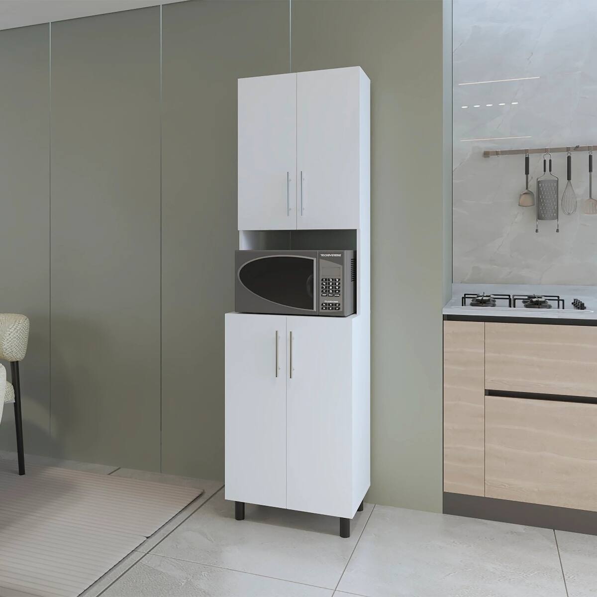 Front. Loheer - Loheer White Double Cabinet Kitchen Pantry with Open Storage, 76.8" Tall Stationary Kitchen Island - White.