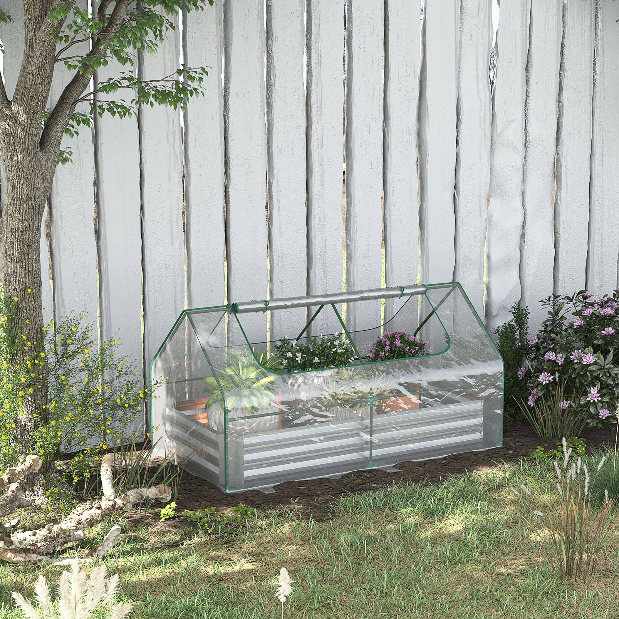 Alt View 1. Outsunny - 6 x 3 x 1ft Raised Garden Bed with Mini Greenhouse, Galvanized Raised Garden Bed with Cover for Herbs and Vegetables - Silver.