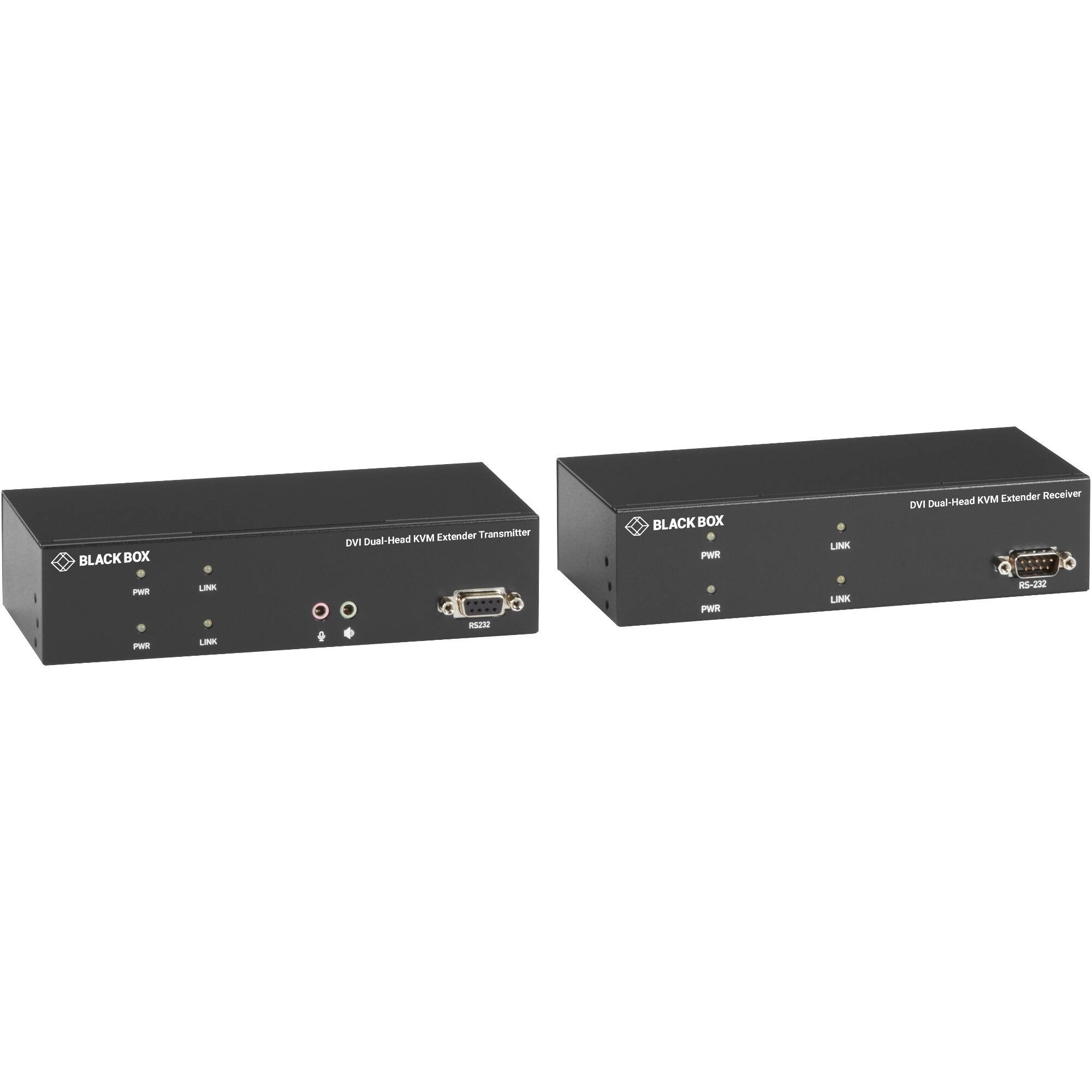 BLACK BOX PMR PMR  
LINK LINK  
KVM Extender Transmitter DVI Dual-Head RS232  
BLACK BOX PWR PWR  
LINK LINK  
KVM Extender Receiver DVI Dual-Head RS-232