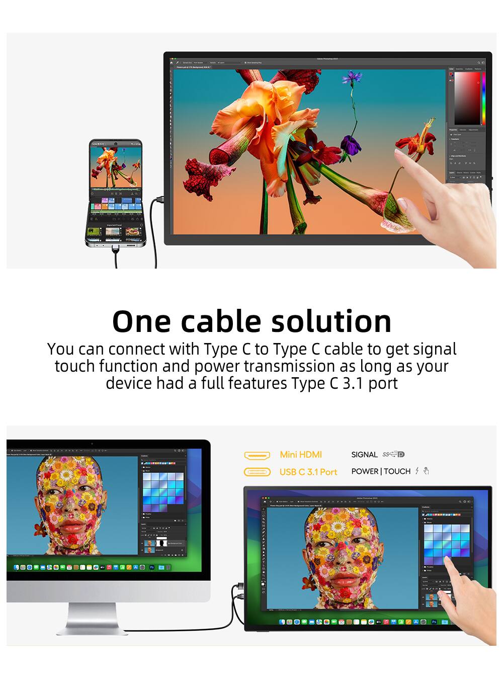 One cable solution  
You can connect with Type C to Type C cable to get signal touch function and power transmission as long as your device had a full features Type C 3.1 port  
Mini HDMI SIGNAL  
USB C 3.1 Port POWER | TOUCH