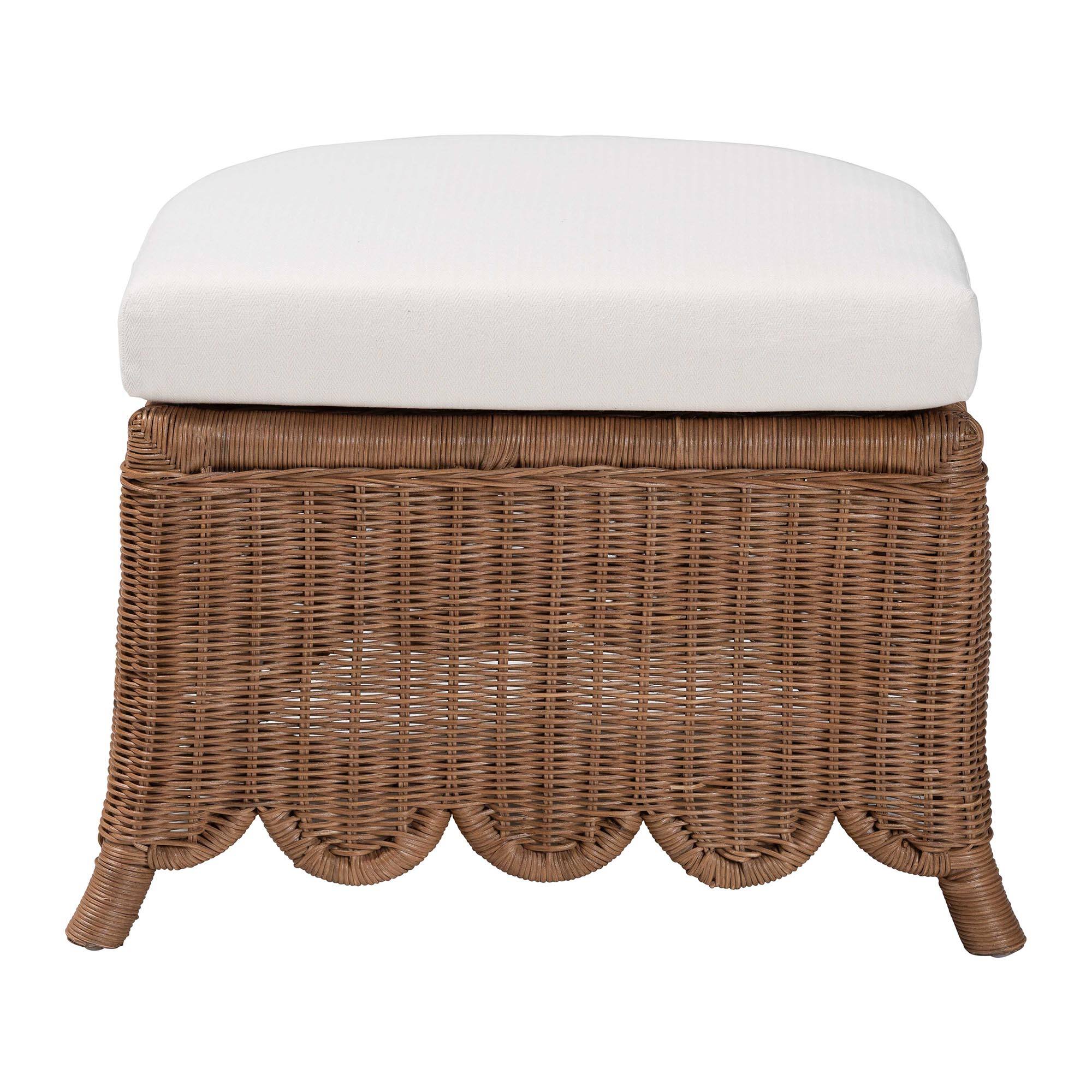 Back. bali & pari - Detta Natural Rattan Footstool with Cushion - Handwoven Wicker Ottoman with Scalloped Skirt Base for Coastal Lounge - Peanut Brown.