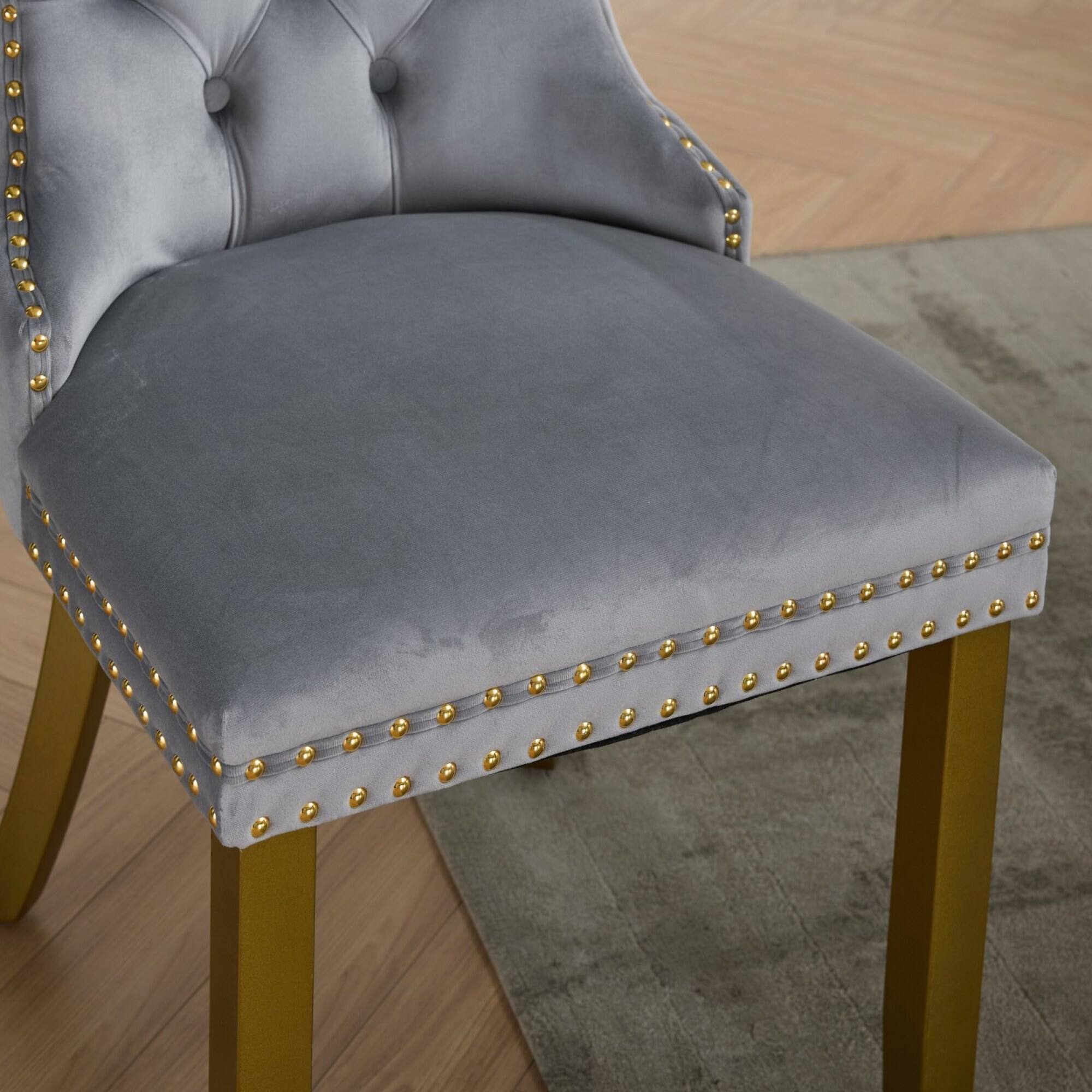 Alt View 7. GOODSILO - Modern High-End Tufted Velvet Upholstered Dining Chairs with Solid Wood Legs and Nailhead Trim, Set of 2 - Light Gray.