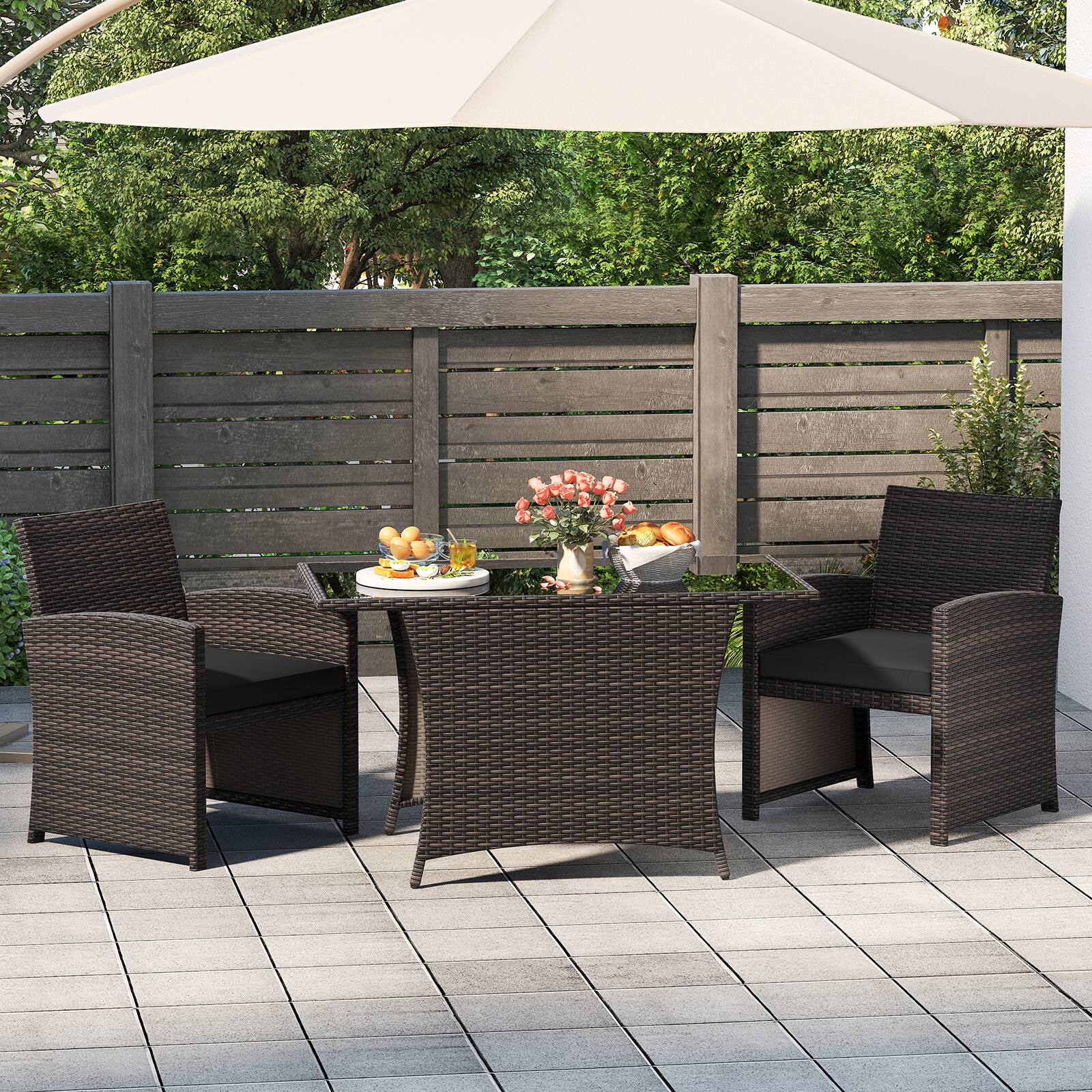 Alt View 3. Gymax - Gymax 3 Piece Patio Wicker Dining Set 2 Rattan Chairs w/ Rectangle Tempered Glass Dining Table - Black, Mix Brown.