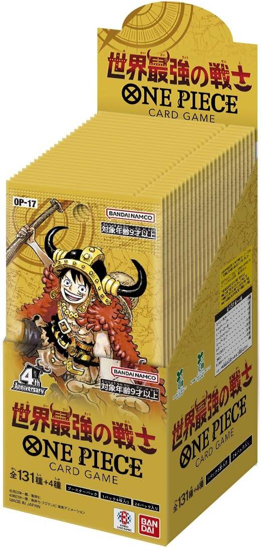 4th Anniversary  
ONE PIECE CARD GAME  
OP-17  
BANDAI NAMCO  
4 BANDAI NAMCO th Anniversary  
9 PIECE GAME ONE PIECE ONE CARD  
CARD 131+4 GAME 131+4  
MADE IN JAPAN  
24 $400% BAN - DAI