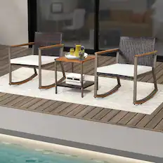 Front. Gymax - Gymax 3PCS Patio Rattan Rocking Chair Bistro Set Armrest Cushion Table w/ Storage Shelf - Off White.