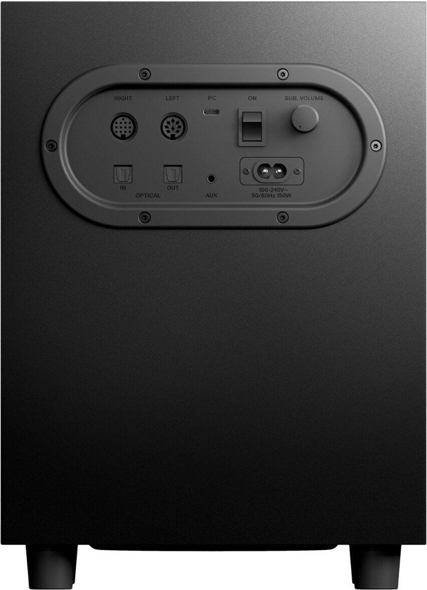 The text on the image reads: "PC on sub. Volume in out optical aux 100-240V- 50/60Hz 150W."