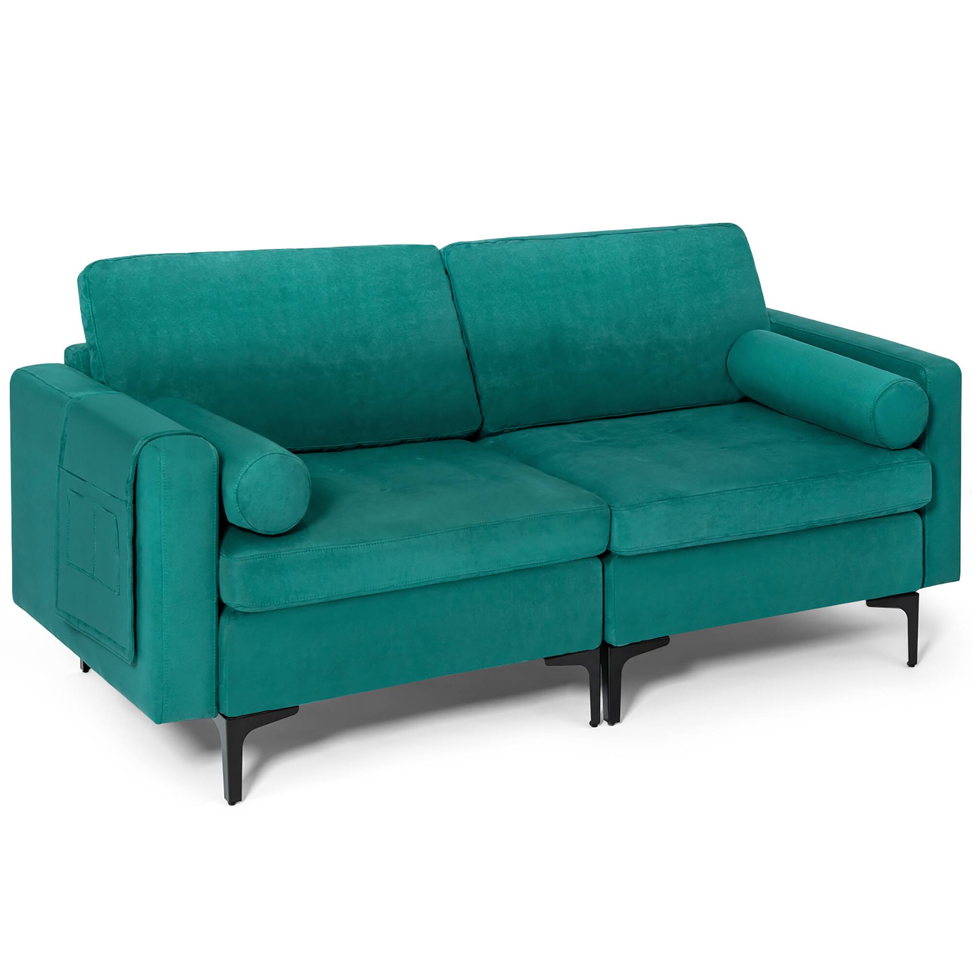 Alt View 9. Costway - Costway Modern Loveseat 2-Seat Sofa Couch w/ 2 Bolsters Side Storage Pocket Teal - Teal.