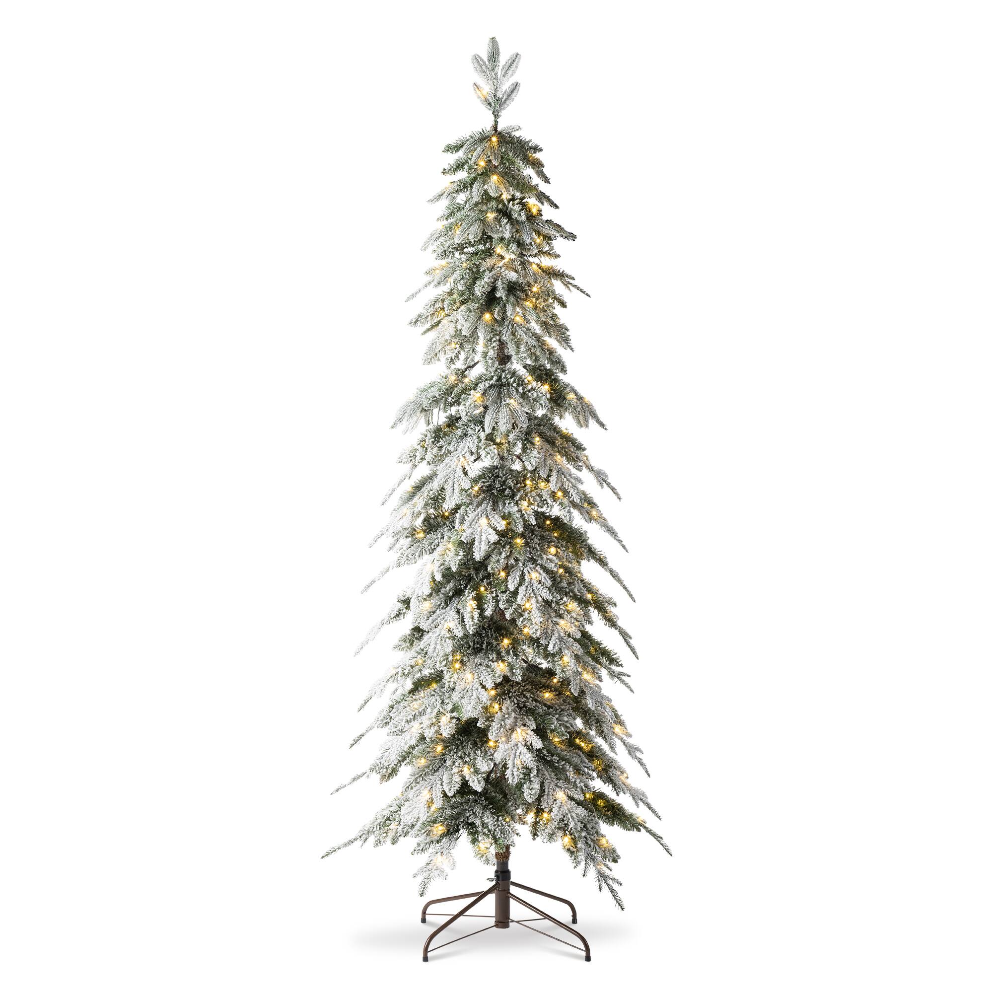 Angle. Glitzhome - 7.5ft Pre-Lit Flocked Pencil Spruce Artificial Christmas Tree with 350 Warm White Lights - White.