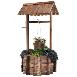 Costway - Outdoor Wooden Wishing Well Bucket Flower Plants Planter Patio Garden Home Decor - Brown