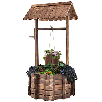 Front. Costway - Outdoor Wooden Wishing Well Bucket Flower Plants Planter Patio Garden Home Decor - Brown.