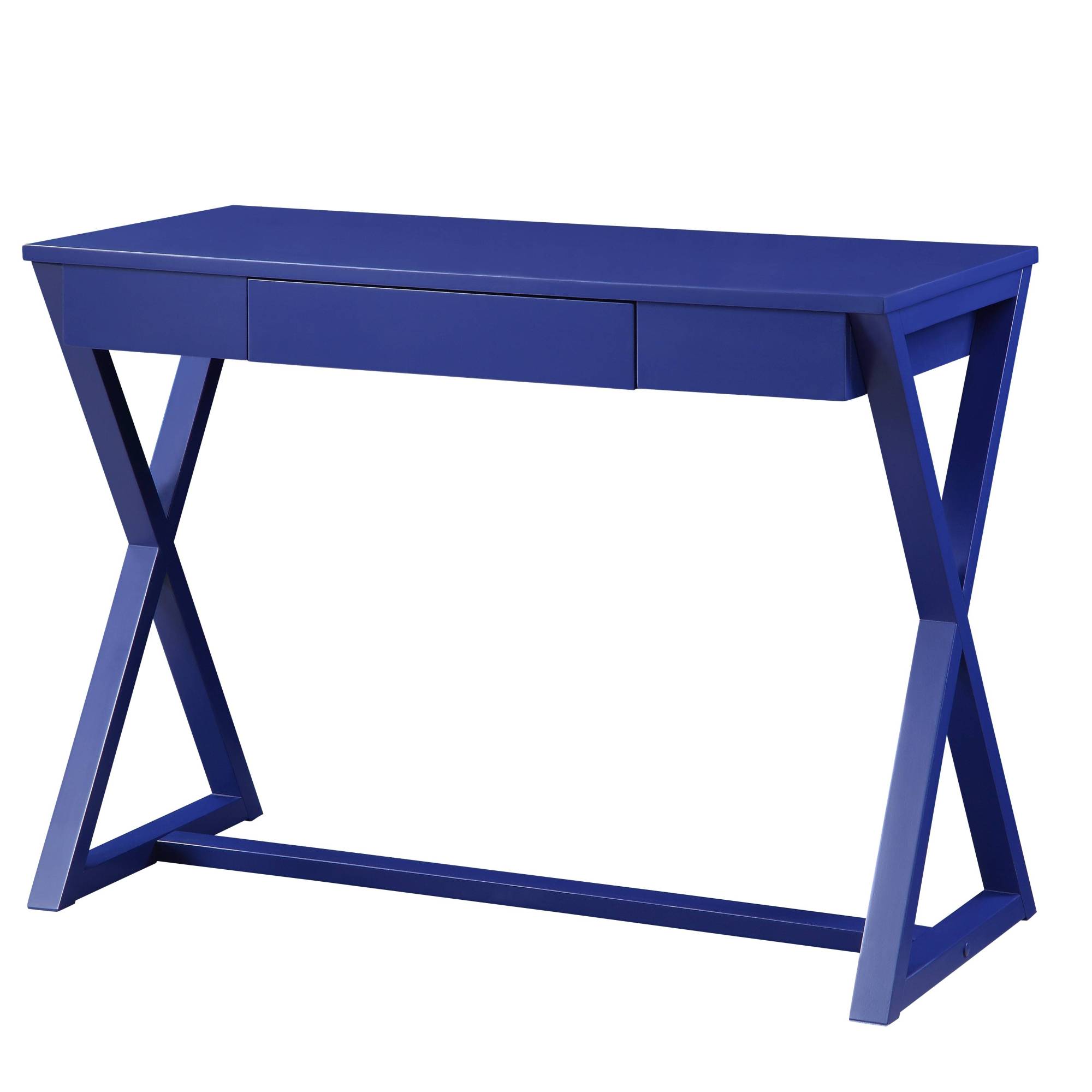 Back. GOODSILO - Modern Twilight Blue Finish Writing Desk with Storage Drawer and X-Shaped Base for Home Office Workspace - Blue.