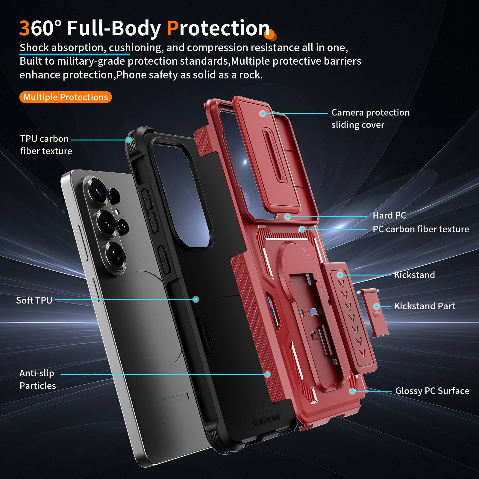 360° Full-Body Protection  
Shock absorption, cushioning, and compression resistance all in one, Built to military-grade protection standards, Multiple protective barriers enhance protection, Phone safety as solid as a rock.  

Multiple Protections  
- TPU carbon fiber texture  
- Camera protection sliding cover  
- Hard PC PC carbon fiber texture  
- Soft TPU  
- Anti-slip Particles  
- Glossy PC Surface  
- Kickstand  
- Kickstand Part