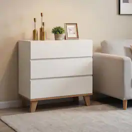 Loheer - 3 Drawer Dresser, Handle-Free Modern Storage Chest with Solid Wood Legs for Bedroom, Minimalist Cabinet - White