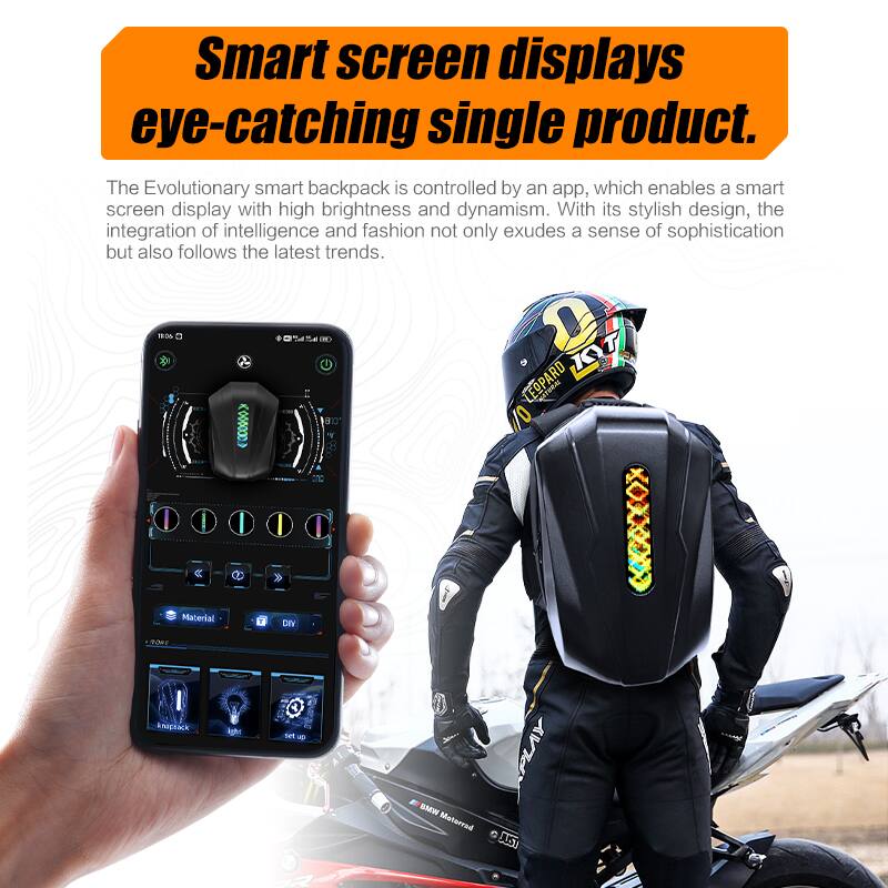 Smart screen displays eye-catching single product. The Evolutionary smart backpack is controlled by an app, which enables a smart screen display with high brightness and dynamism. With its stylish design, the integration of intelligence and fashion not only exudes a sense of sophistication but also follows the latest trends.