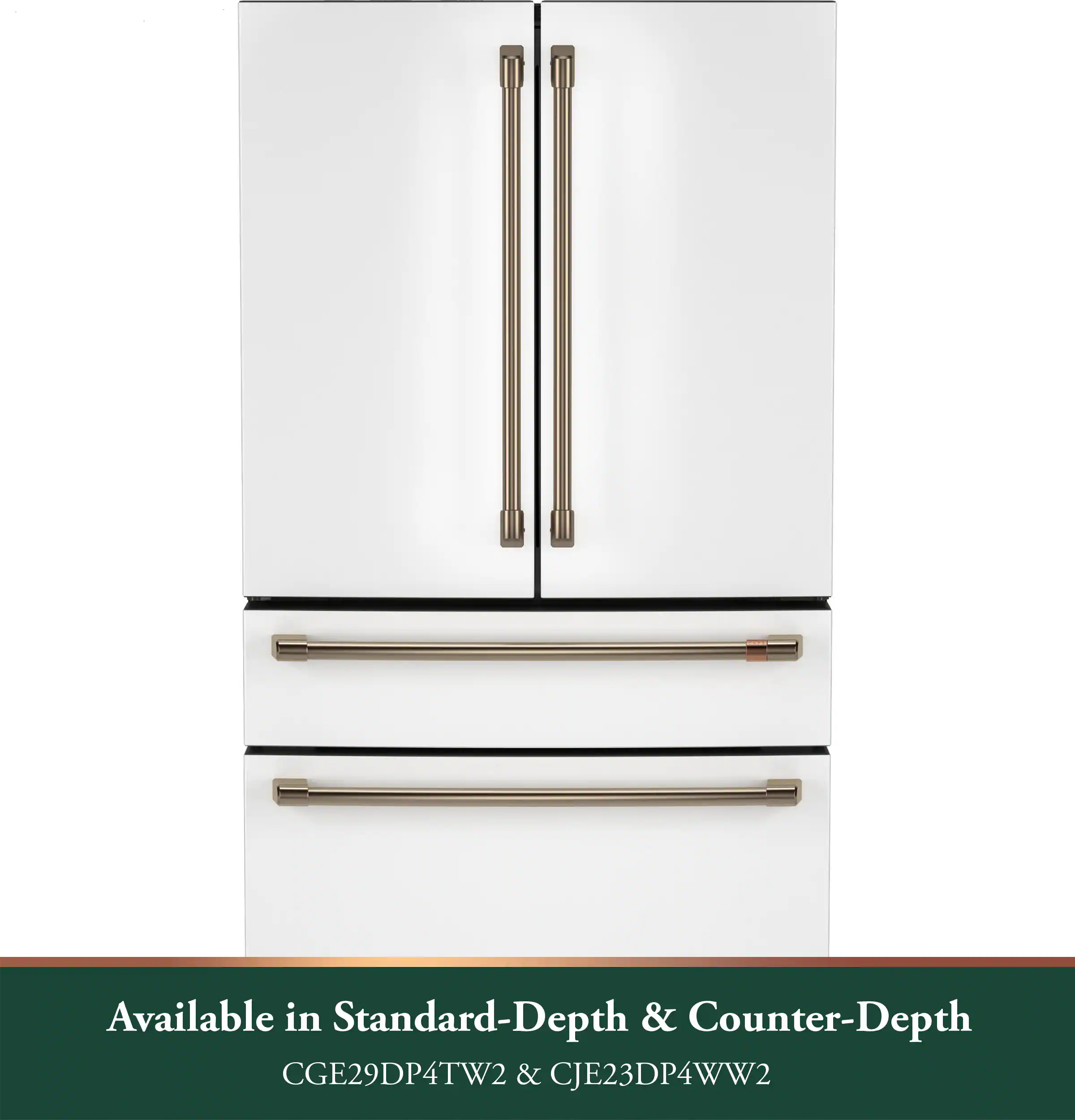 The text on the image reads "Available in Standard-Depth & Counter-Depth CGE29DP4TW2 & CJE23DP4WW2." This text is grouped and corrected as follows:

"Available in Standard-Depth & Counter-Depth: CGE29DP4TW2 & CJE23DP4WW2."