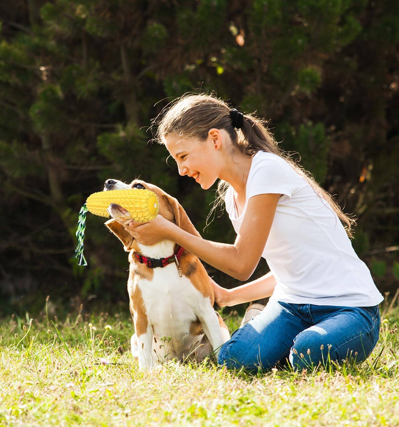 Alt View 2. PUPIHOM - Corn Shaped Squeak Durable Rubber Dental Dog Chew Toy With Rope - Yellow.