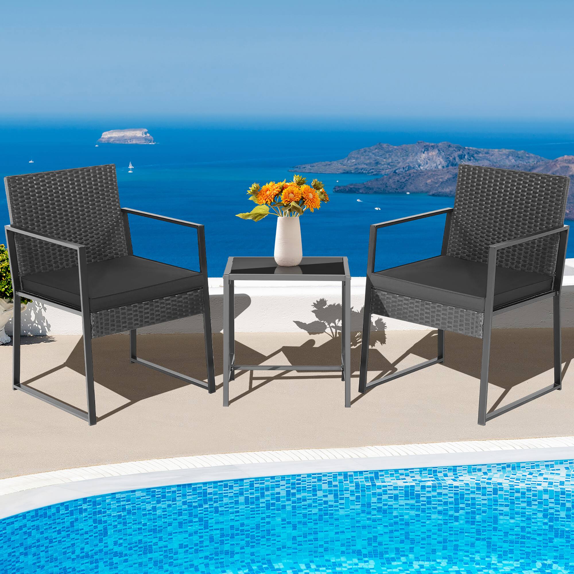 Alt View 1. Costway - Costway 3pcs Patio Furniture Set Heavy Duty Cushioned Wicker Rattan Chairs Table Outdoor - Black.