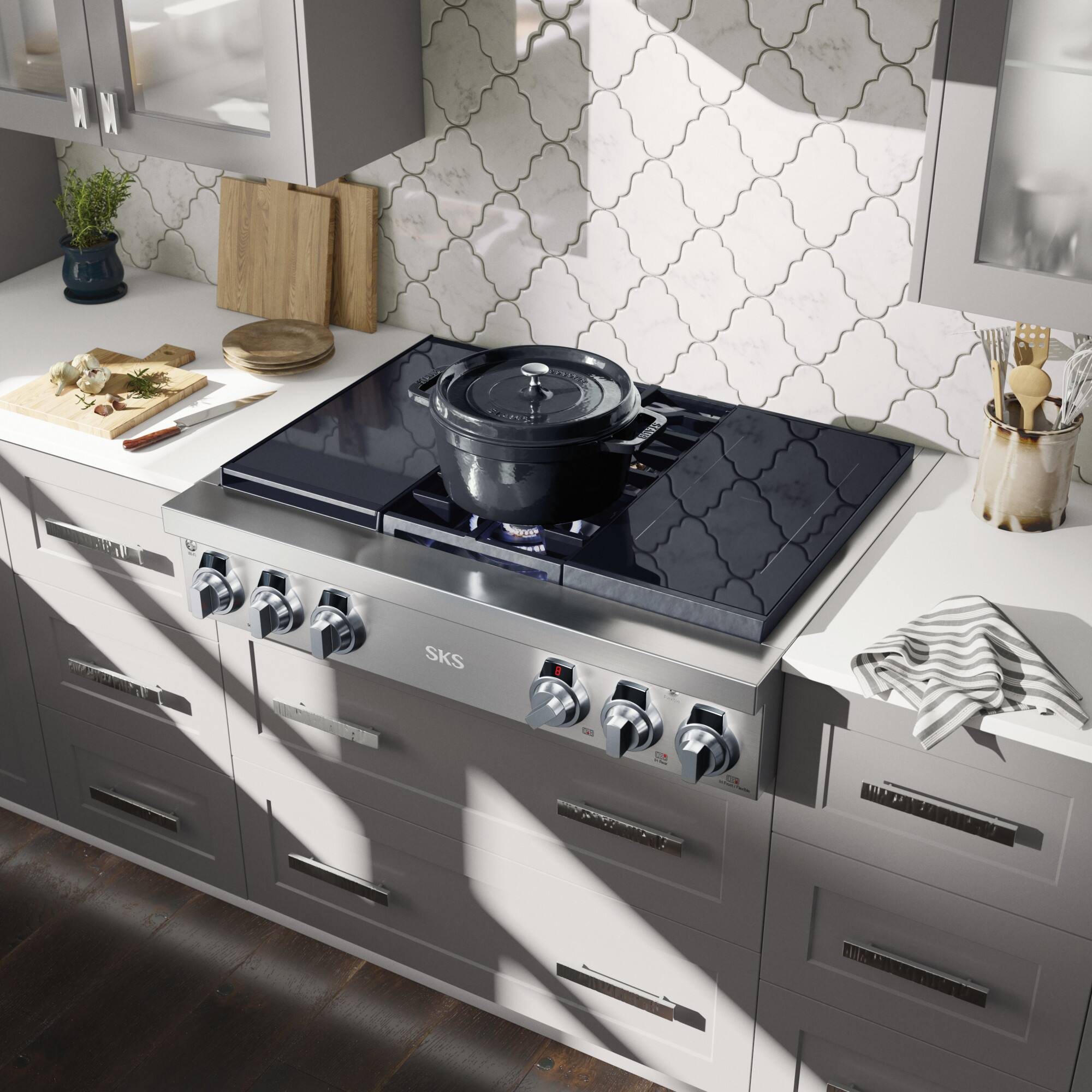 Alt View 4. SKS - 36-inch Dual Fuel Pro Rangetop with Sous-Vide, 2 Burners and 2 Induction Zones - Stainless Steel.